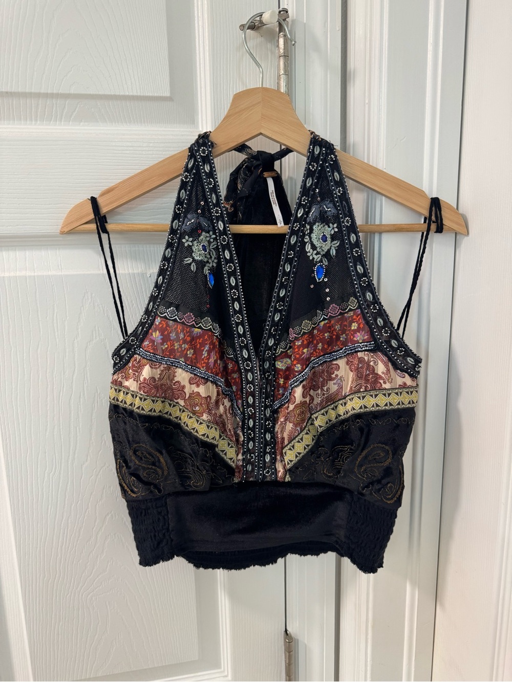 Free people Scorpio Beaded Embroidered Halter Top boho womenβs size S black